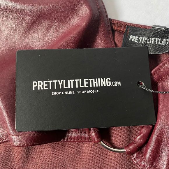 Pretty Little Thing Mini Dress Womens 12 Burgundy Faux Leather Cut Out Bodycon - Picture 8 of 16